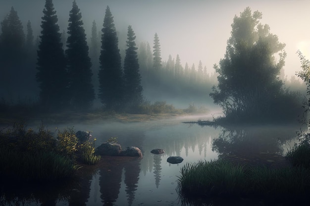 forêt rêveuse et brumeuse, avec une atmosphère paisible et des paysages idylliques