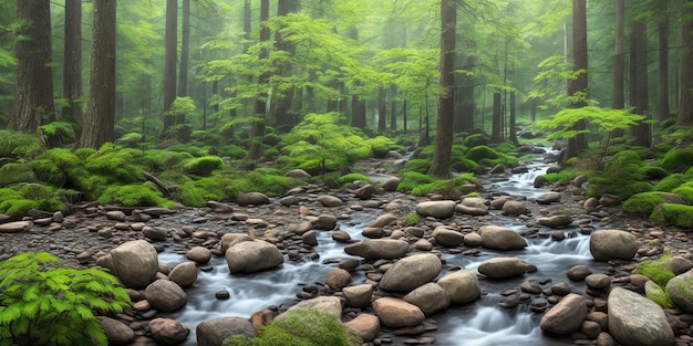 Une forêt avec une rivière et des arbres en arrière-plan