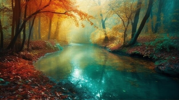 Une forêt avec une rivière et des arbres en automne