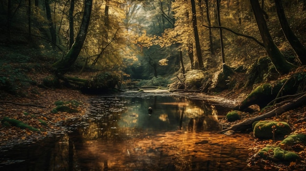 Une forêt avec une rivière et des arbres avec le mot forêt dessus