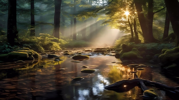 Une forêt avec une rivière et des rayons de soleil