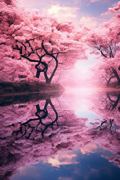 Photo une forêt rose et noire avec le reflet des arbres dans l'eau.