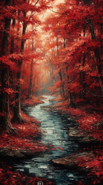 Une forêt rouge avec un ruisseau au milieu.