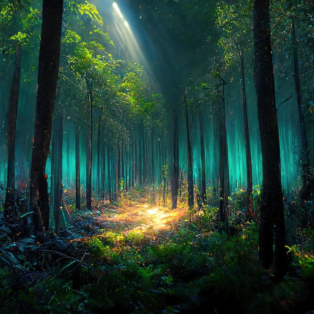 une forêt rougeoyante futuriste