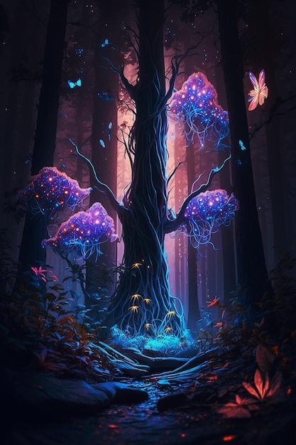 Forêt rougeoyante d'imagination la nuit