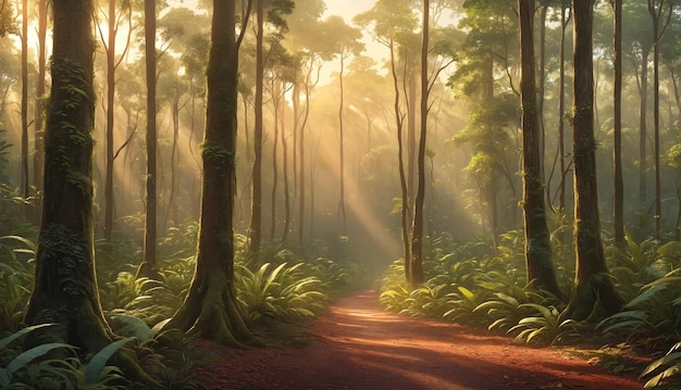 Une forêt avec une route de terre qui la traverse entourée d'arbres verts luxuriants