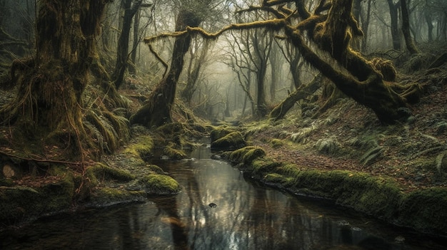 Une forêt avec un ruisseau et des arbres en arrière-plan