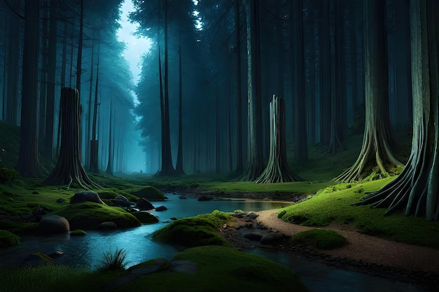 Une forêt avec un ruisseau et des arbres au premier plan et un ciel bleu avec le mot forêt en bas.