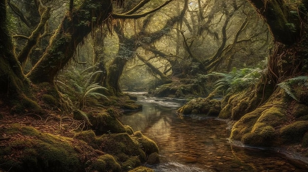 Une forêt avec un ruisseau et des arbres