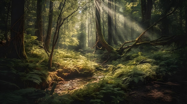 Une forêt avec un ruisseau au milieu