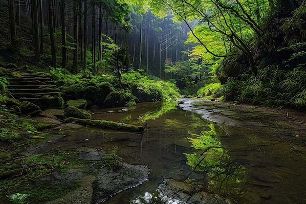 Une forêt avec un ruisseau et une forêt avec des arbres et des rochers
