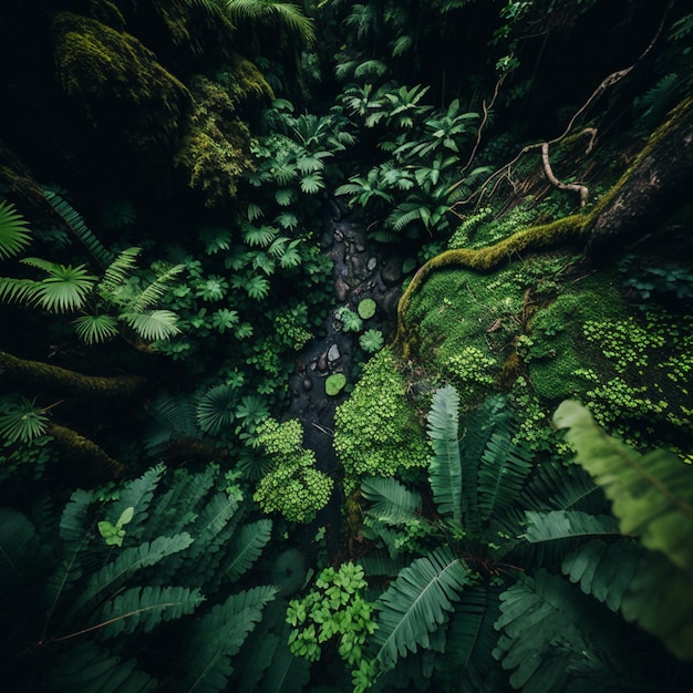 Une forêt avec un ruisseau et des plantes et des arbres