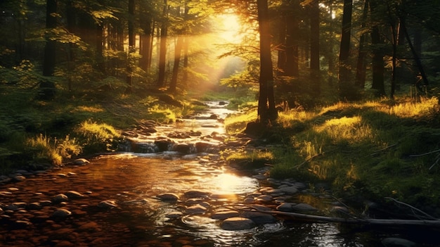 Forêt avec un ruisseau tranquille au coucher du soleil