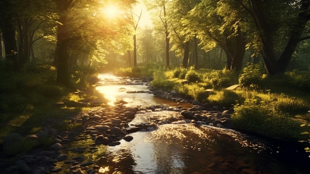 Forêt avec un ruisseau tranquille au coucher du soleil