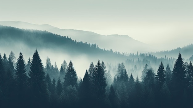 Forêt de sapins sur les pentes des montagnes avec brouillard brumeux et tonification des couleurs