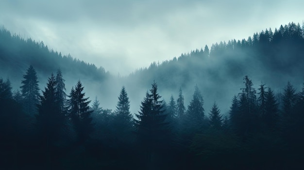 Forêt de sapins sur les pentes des montagnes avec brouillard brumeux et tonification des couleurs