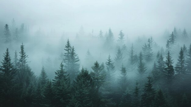 Une forêt de sapins sereine entourée de brume avec la scène rendue dans un style rétro vintage hipster qui met en évidence la beauté tranquille du paysage AI Generative