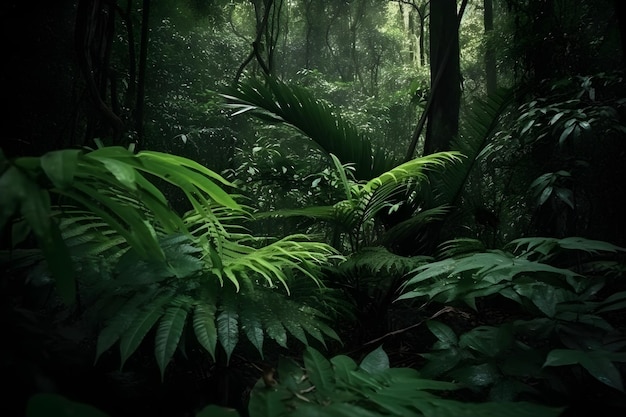Une forêt avec une scène de jungle en arrière-plan