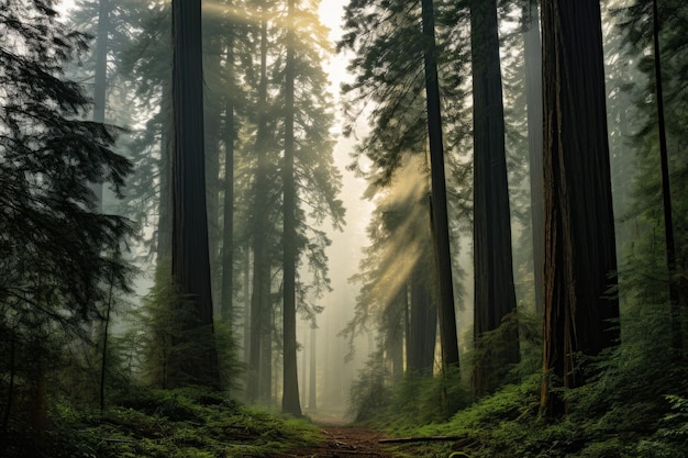 Forêt de séquoias brumeuse en Californie États-Unis d'Amérique Le brouillard du matin enveloppe une forêt ancienne imposante Générée par l'IA