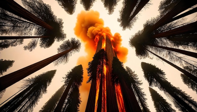 une forêt de séquoias avec un feu brûlant à travers eux