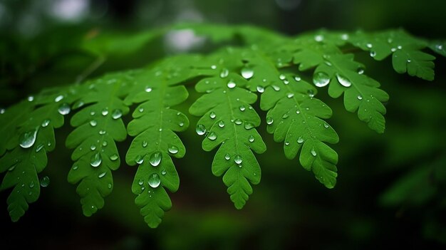 La forêt sereine après la pluie tombe sur l'herbe verte et vibrante