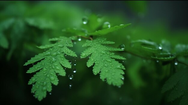 La forêt sereine après la pluie tombe sur l'herbe verte et vibrante