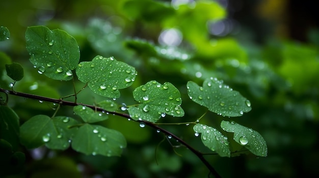 La forêt sereine après la pluie tombe sur l'herbe verte et vibrante