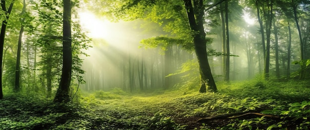 Une forêt sereine et mystique recouverte d'une brume matinale fraîche avec des nuances vibrantes de vert Generative AI