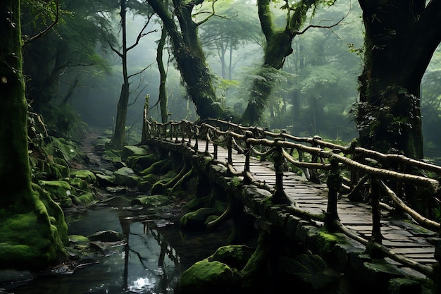 Une forêt sereine recouverte de mousse avec un pont en bois photo réaliste