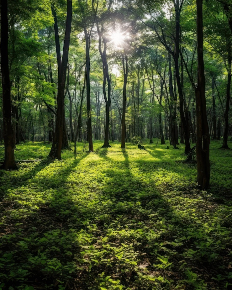 Forêt silencieuse au printemps avec de beaux rayons de soleil lumineux Generative AI