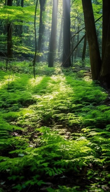 Forêt silencieuse au printemps avec de beaux rayons de soleil lumineux Generative AI