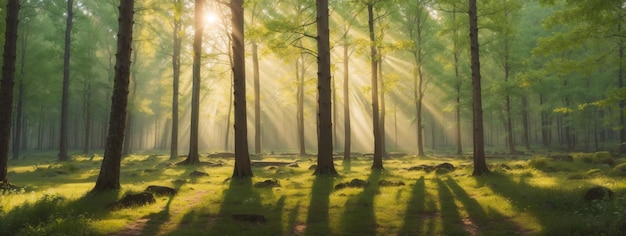 Forêt silencieuse au printemps avec de beaux rayons de soleil