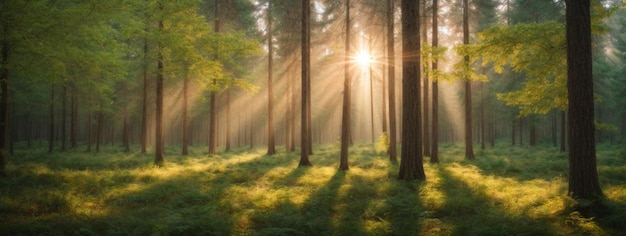 Forêt silencieuse au printemps avec de beaux rayons de soleil