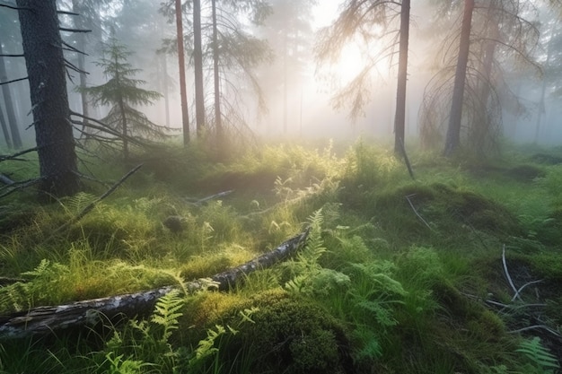 Une forêt avec un soleil qui brille sur le sol et un sol forestier avec des arbres et de l'herbe.