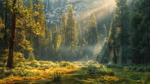 Photo une forêt avec le soleil qui brille à travers les arbres