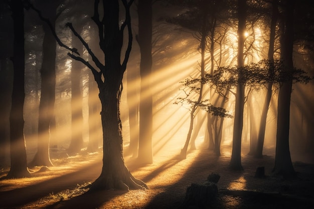 Une forêt avec le soleil qui brille à travers les arbres