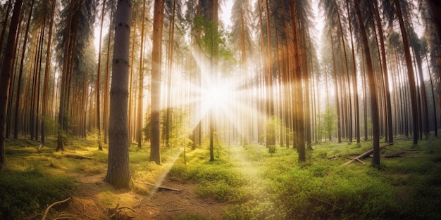 Une forêt avec le soleil qui brille à travers les arbres