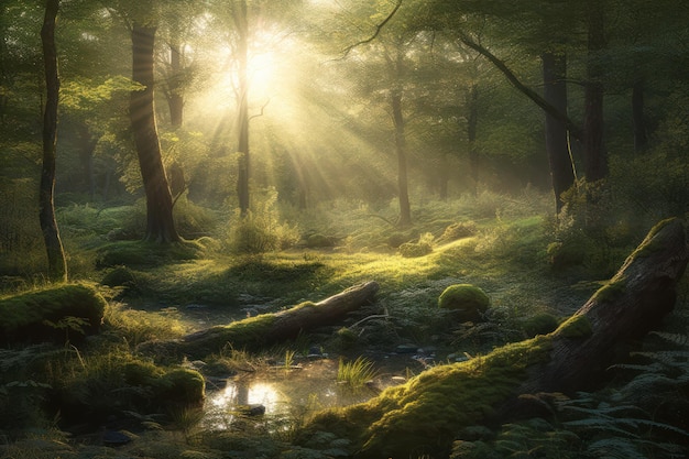 Une forêt avec le soleil qui brille à travers les arbres