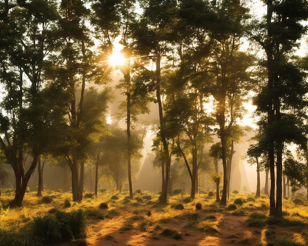 Une forêt avec le soleil qui brille à travers les arbres