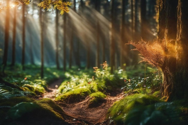 une forêt avec un soleil qui brille à travers les arbres