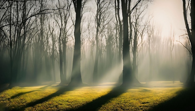 Une forêt avec le soleil qui brille à travers les arbres