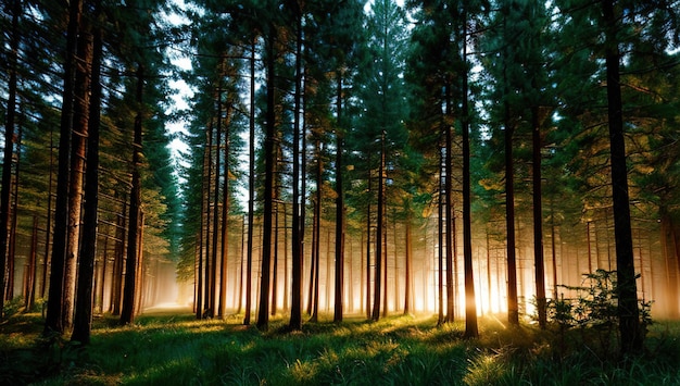 Une forêt avec un soleil qui brille à travers les arbres