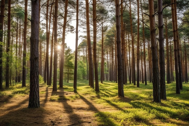 Une forêt avec un soleil qui brille à travers les arbres