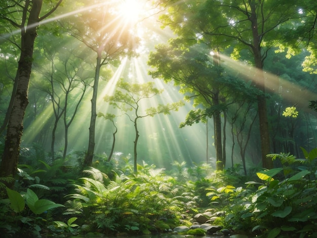 une forêt avec le soleil qui brille à travers les feuilles
