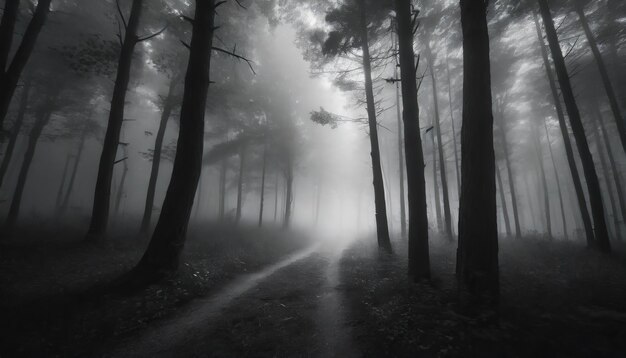 forêt sombre avec des arbres de brouillard dans la lumière du matin lieu mystique