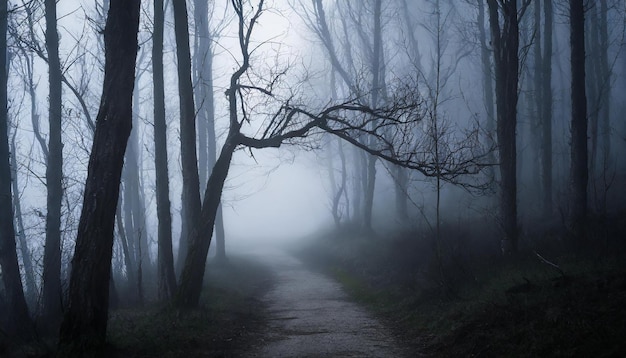 Forêt sombre avec des arbres morts chemin dans le brouillard paysage d'horreur mystérieux atmosphère mystique