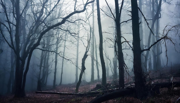 Forêt sombre avec des arbres morts dans le brouillard Décor d'horreur mystérieux Atmosphère mystique
