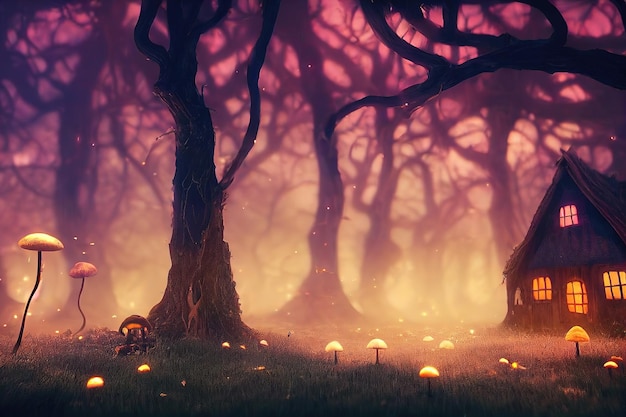 Photo forêt sombre avec des champignons rougeoyants et des arbres sombres près d'une petite maison avec des lumières rougeoyantes illustration 3d