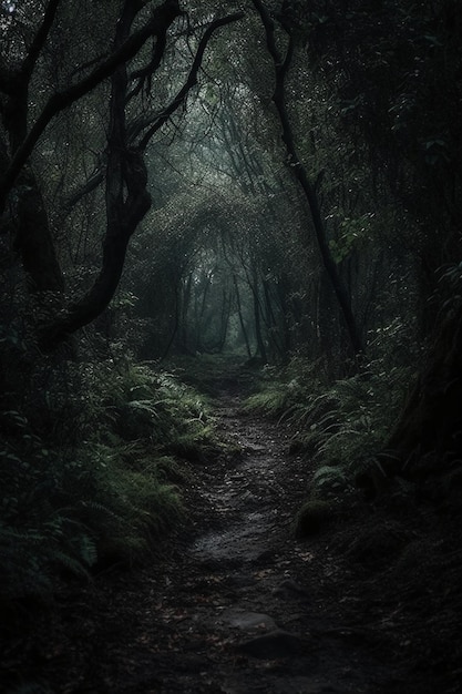 Une forêt sombre avec un chemin et des arbres