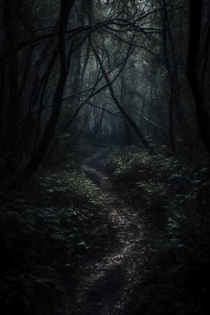 Une forêt sombre avec un chemin éclairé par une lumière dessus.